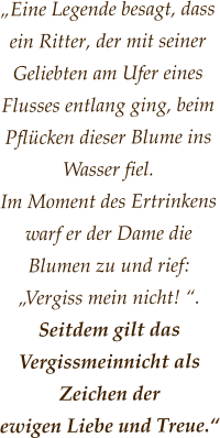 „Eine Legende besagt, dass ein Ritter, der mit seiner Geliebten am Ufer eines Flusses entlang ging, beim Pflücken dieser Blume ins Wasser fiel.  Im Moment des Ertrinkens warf er der Dame die Blumen zu und rief:  „Vergiss mein nicht! “.  Seitdem gilt das Vergissmeinnicht als Zeichen der  ewigen Liebe und Treue.“