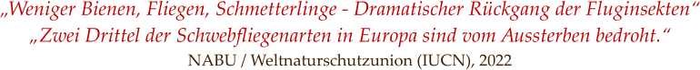 „Weniger Bienen, Fliegen, Schmetterlinge - Dramatischer Rückgang der Fluginsekten“ „Zwei Drittel der Schwebfliegenarten in Europa sind vom Aussterben bedroht.“ NABU / Weltnaturschutzunion (IUCN), 2022