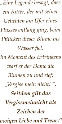 „Eine Legende besagt, dass ein Ritter, der mit seiner Geliebten am Ufer eines Flusses entlang ging, beim Pflücken dieser Blume ins Wasser fiel.  Im Moment des Ertrinkens warf er der Dame die Blumen zu und rief:  „Vergiss mein nicht! “.  Seitdem gilt das Vergissmeinnicht als Zeichen der  ewigen Liebe und Treue.“