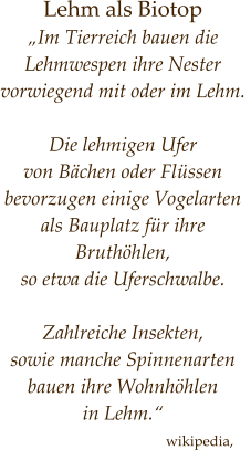 Lehm als Biotop „Im Tierreich bauen die Lehmwespen ihre Nester  vorwiegend mit oder im Lehm.   Die lehmigen Ufer  von Bächen oder Flüssen bevorzugen einige Vogelarten  als Bauplatz für ihre Bruthöhlen,  so etwa die Uferschwalbe.  Zahlreiche Insekten,  sowie manche Spinnenarten  bauen ihre Wohnhöhlen  in Lehm.“    wikipedia,
